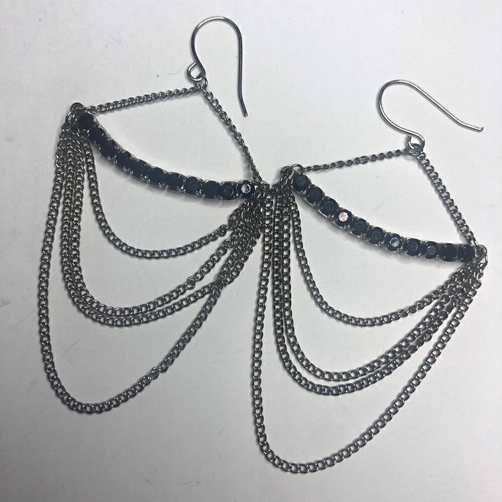 621 Silvertone Chain Black CZ drop 3" elegant Earrings